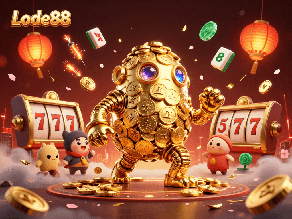 Lode88 offers dynamic casino fun featuring a golden golem and vibrant slot elements.