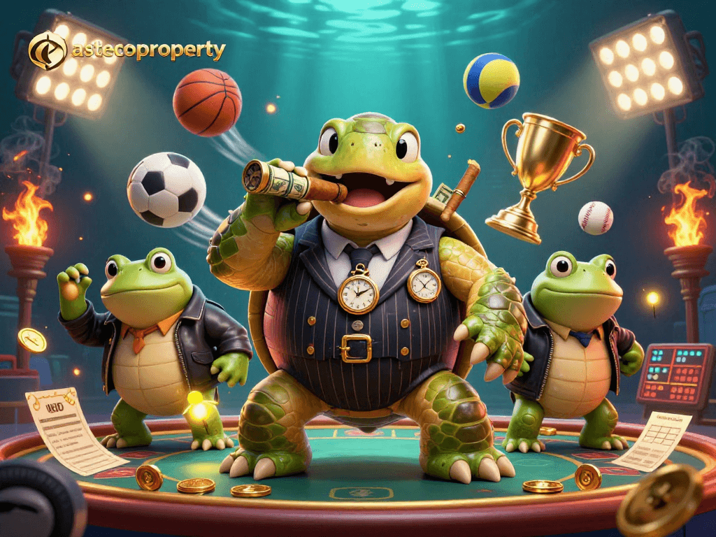 Experience thrilling action on astecoproperty with a cartoon turtle mob boss leading a sports betting scene.