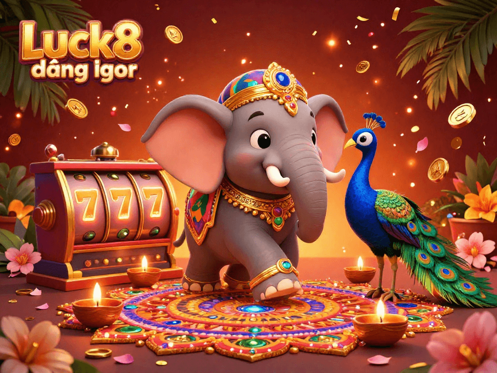 Engage with Luck8 đăng nhập through vibrant casino-themed 3D illustration of an elephant and peacock celebrating.
