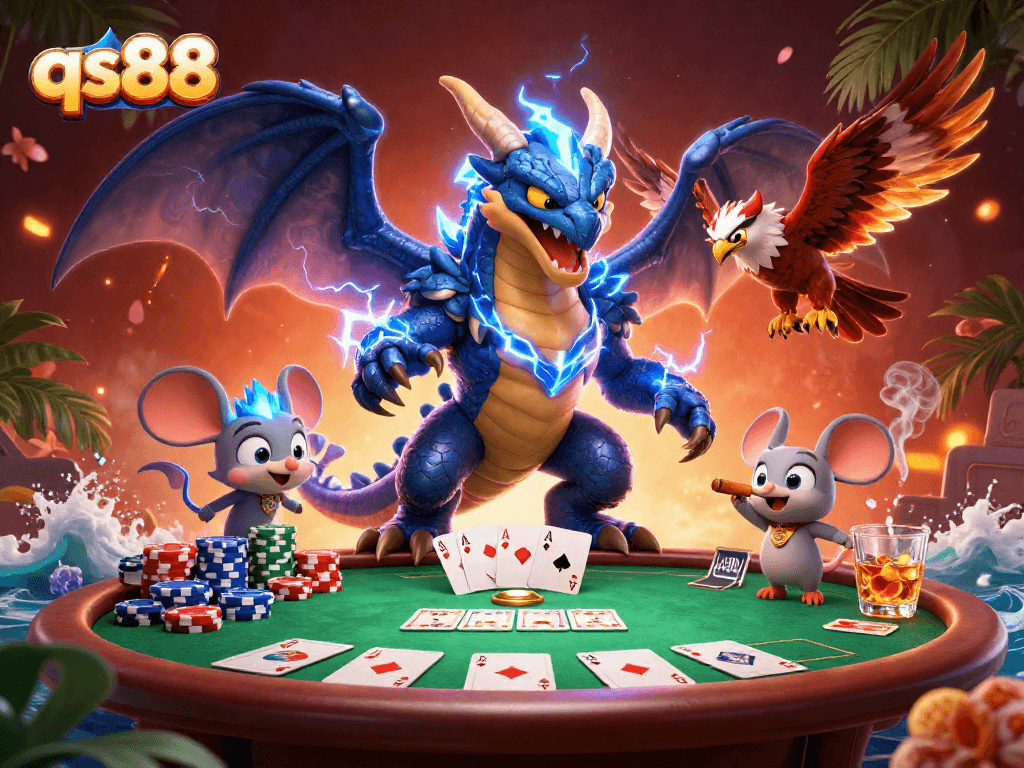 Engage in thrilling gaming at qs88, featuring vibrant 3D characters and dynamic casino elements.