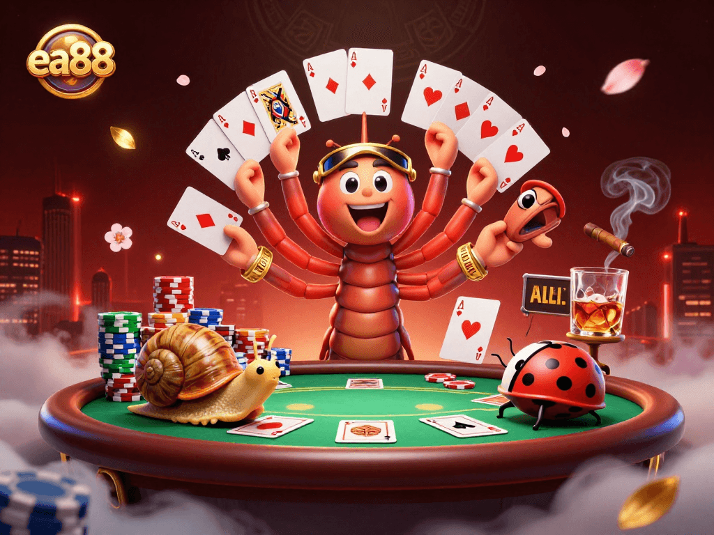 Experience thrilling ea88 table action with vibrant characters and poker excitement in this detailed illustration.