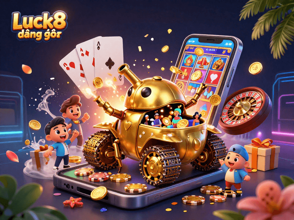 Experience thrilling gaming at Luck8 đăng nhập with a vibrant 3D casino scene full of excitement and energy.