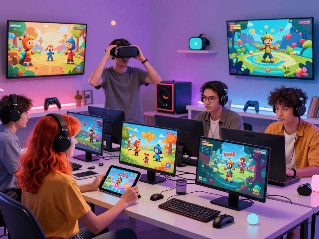 Engaging scene of players enjoying various game porn experiences, showcasing diverse characters and vibrant animations in a lively digital gaming environment.
