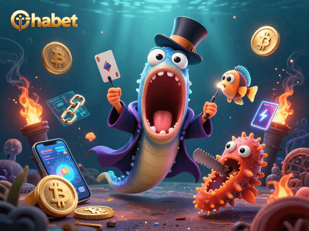 Experience thrilling card tricks at thabet with a deep-sea eel magician and anglerfish spotlighting the performance.