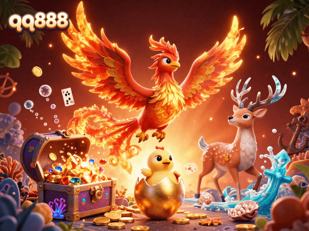 Engage in the thrilling gaming experience with qq888, featuring a vibrant phoenix scene filled with treasures and dynamic elements.