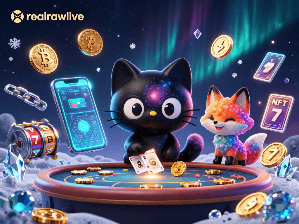realrawlive showcases an engaging cosmic casino scene with characters pulling in chips and cards, emphasizing thrilling gameplay.