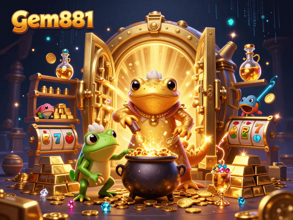 Play slot games with gem881 in this animated alchemist scene, featuring gold coins and treasures.