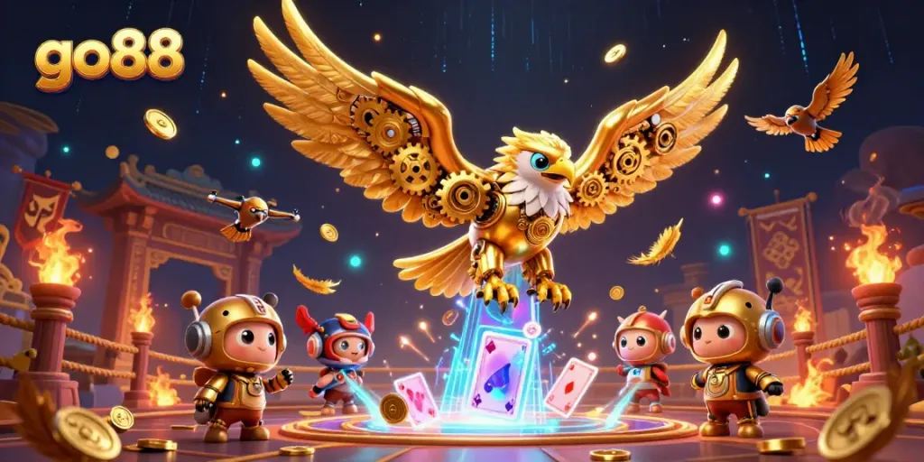 Experience go88's thrilling dive into the world of online gaming with a majestic eagle surrounded by cards and golden coins.
