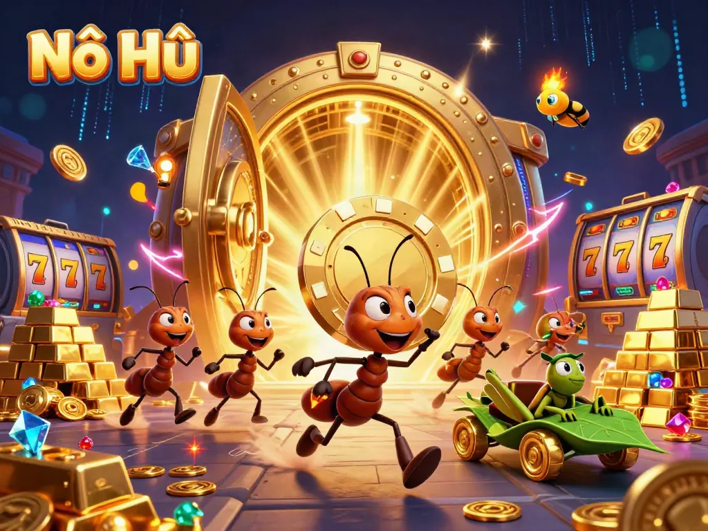 Nổ Hũ team of ants carrying oversized poker chip in a vibrant casino heist scene, blending elements of fun and excitement.