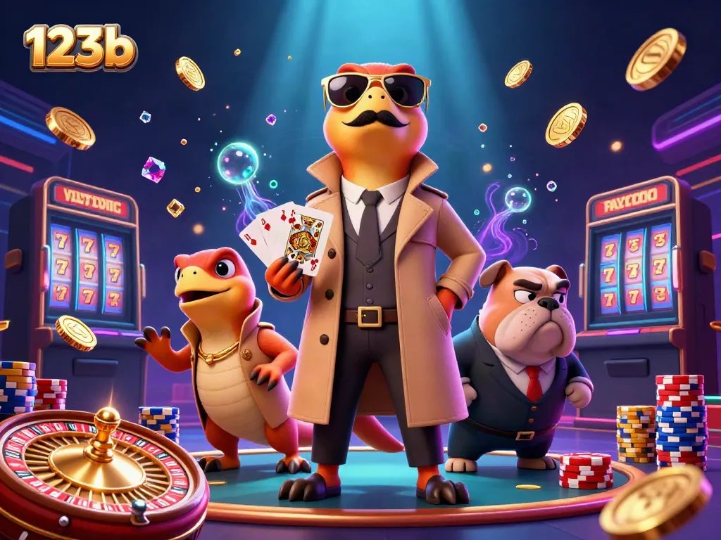 Engage in thrilling gameplay at 123b with raptors and a bouncer in a vibrant casino setting bursting with action.