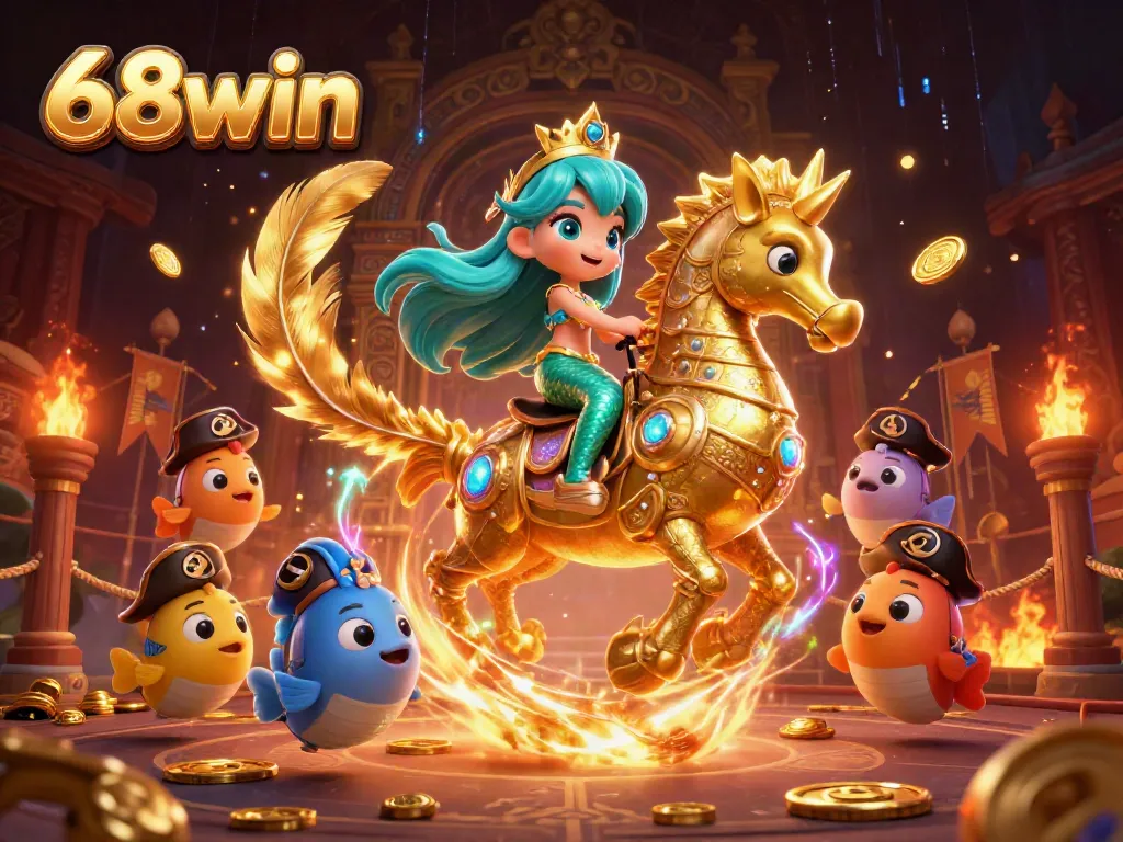 Experience the excitement of 68win with a vibrant casino-themed illustration of a mermaid princess and seahorse.