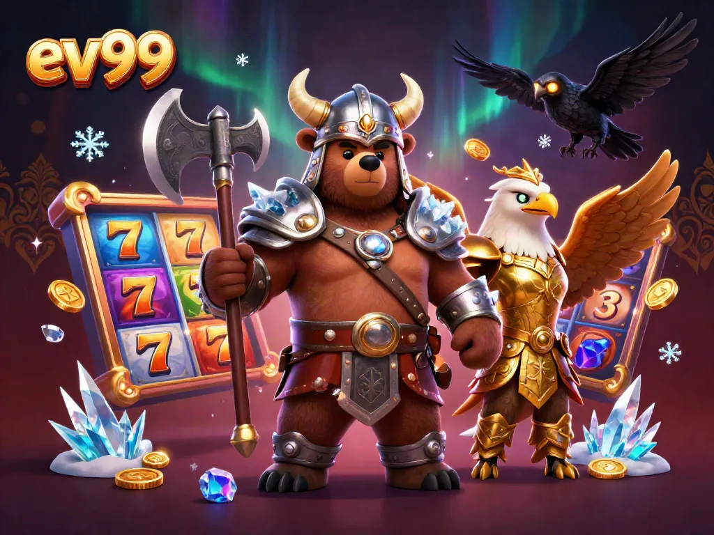 Engage in gaming excitement with ev99's vibrant 3D illustration featuring a Viking berserker and a Valkyrie eagle amidst slot reels.