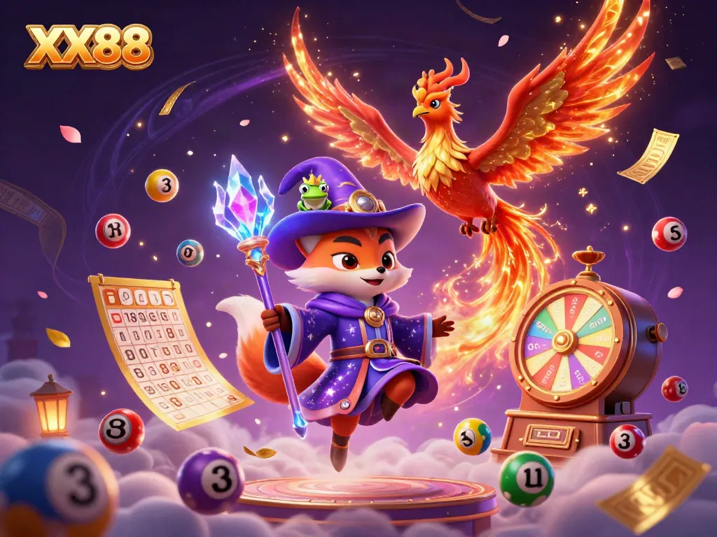 Experience the excitement of XX88 with colorful lottery balls, magical elements, and a stunning 3D wizard scene.