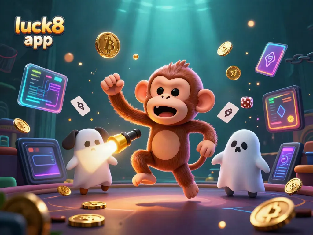 Engage with the exciting luck8 app in this captivating 3D scene filled with gaming elements.