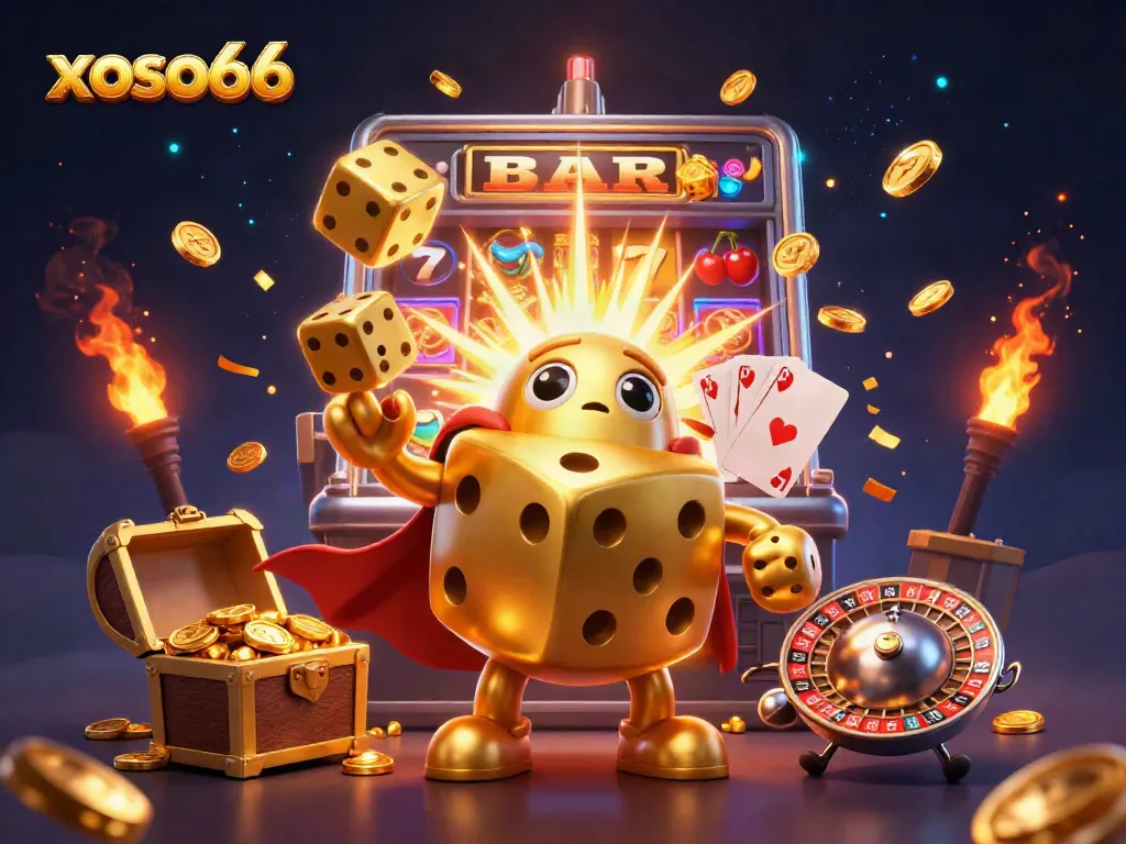 Experience the excitement of xoso66 with a cartoon dice golem and a jackpot explosion.
