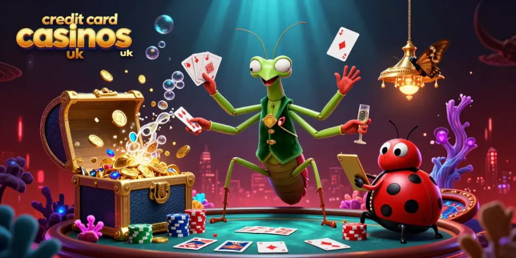 Engaging scene showcasing credit card casinos UK with vibrant characters and dynamic gambling elements.