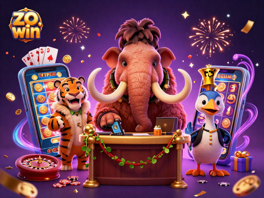 Experience thrilling action at zo win with a woolly mammoth checking IDs, a saber-tooth tiger, and casino elements.