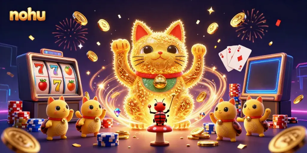 Nohu engages with dynamic slots and casino visuals in a vibrant 3D scene