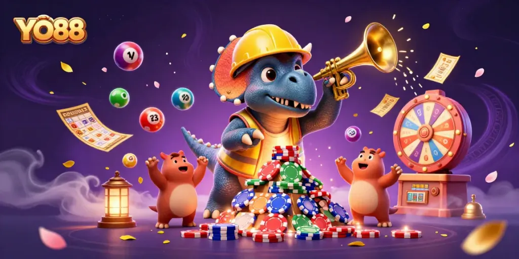 YO88 casino features vibrant characters building poker chips amidst exciting game elements.