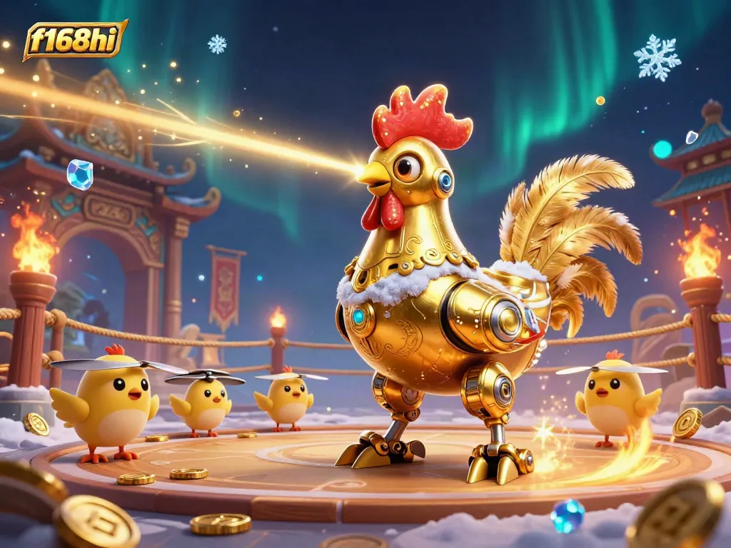 Engage in casino action with f168hi's golden rooster robot and baby chick drones in an electrifying arena.