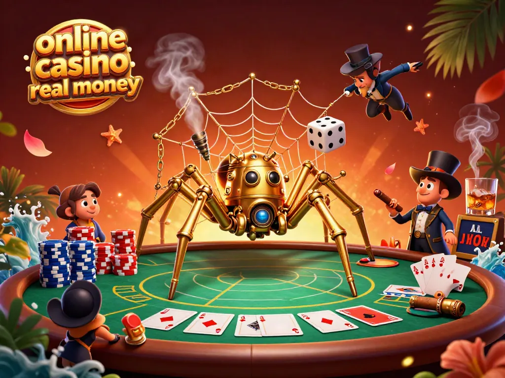 Catch the excitement of online casino real money with a vibrant steampunk-themed illustration of a spider and poker elements.