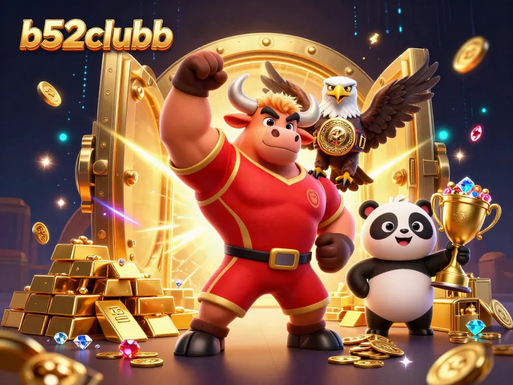 Experience the thrill of b52clubb with animated characters celebrating winning jackpots amidst glowing treasures.