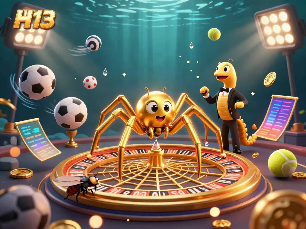 Place bets at H13's roulette wheel with a golden spider croupier and lively sports elements.