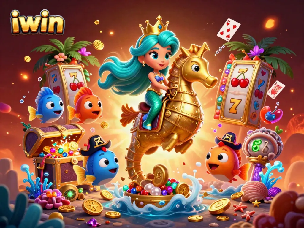 Experience iwin with a vibrant 3D mermaid scene, featuring casino elements and dynamic underwater treasures.