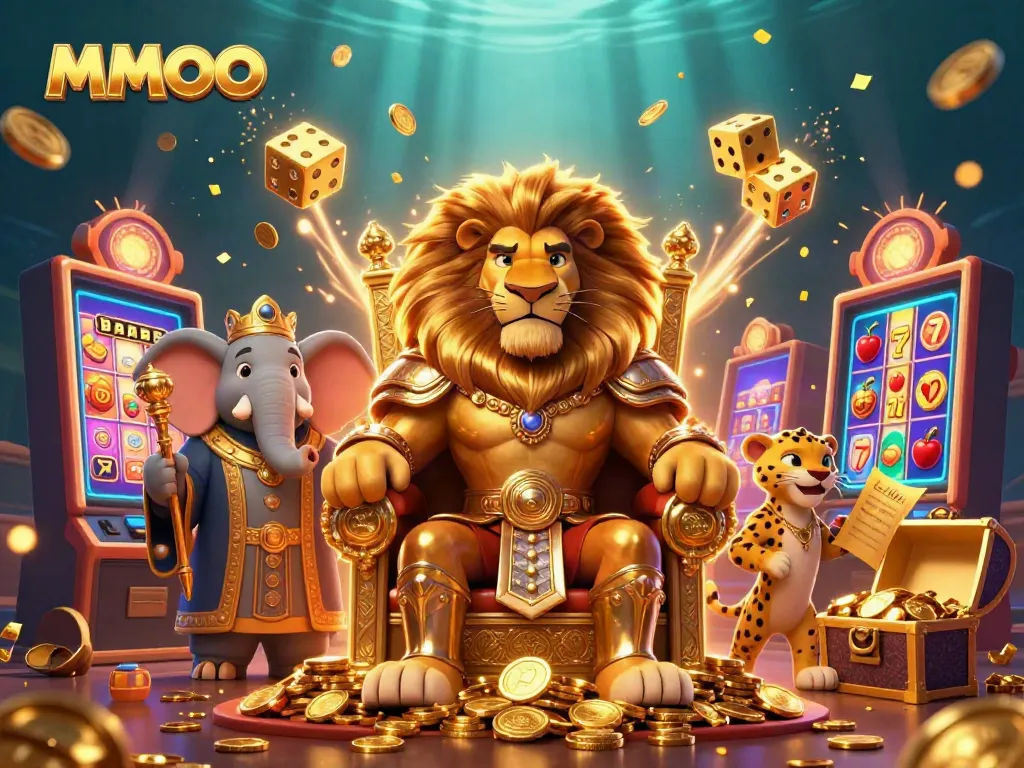 Engage with MMOO through a vibrant 3D illustration showcasing a lion king, elephant advisor, and cheetah messenger among casino elements.