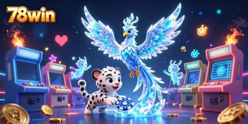 Engage with 78win's thrilling ice phoenix and playful snow leopard in a vibrant casino scene