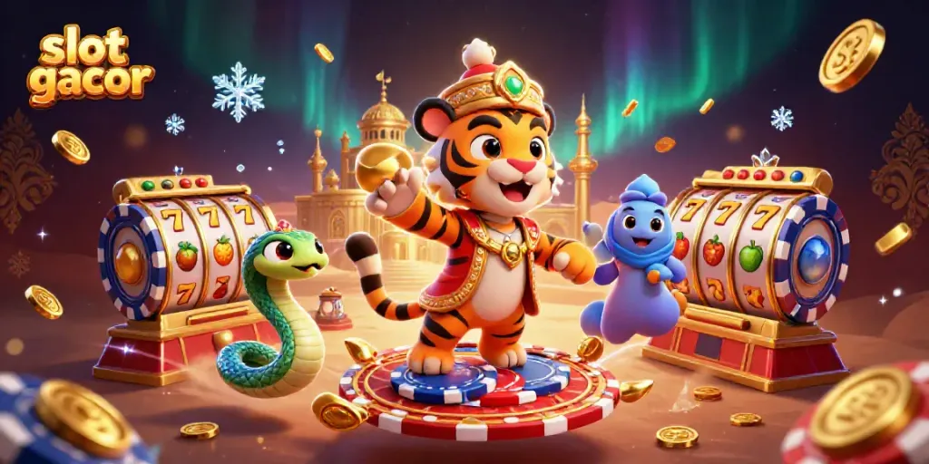 Slot gacor menampilkan sultan harimau kartun dengan karpet terbang, dikelilingi elemen permainan slot yang dinamis.