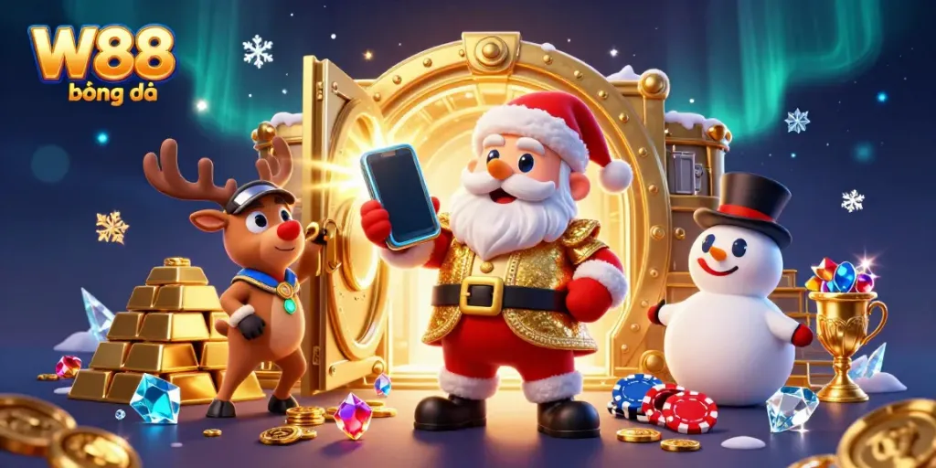 Engage in thrilling gameplay with W88 bóng đá at a festive casino scene featuring Santa and companions.