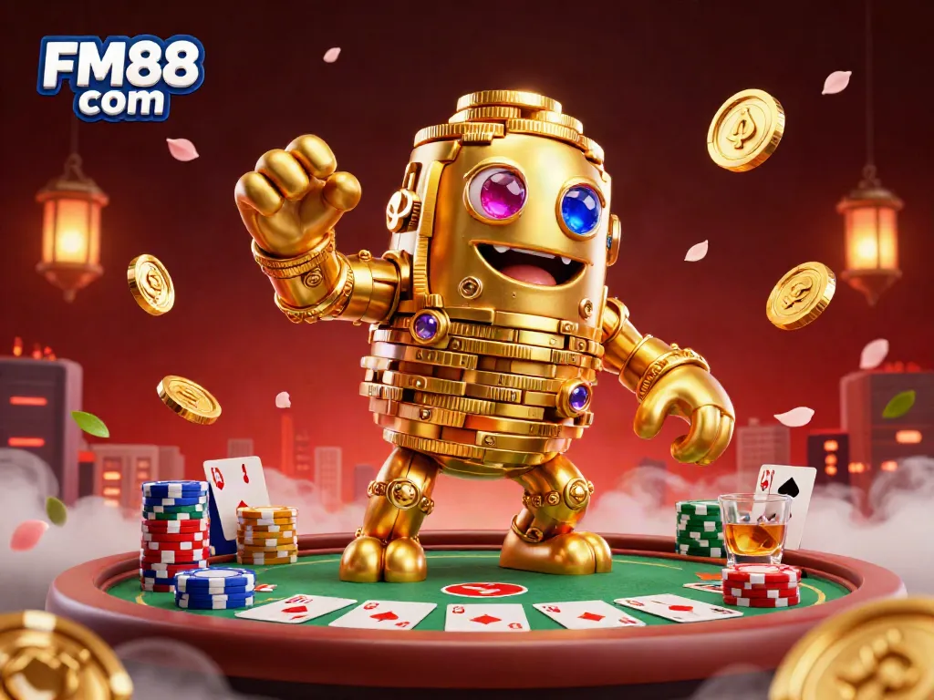 Engage with FM88 com in an ultra-detailed casino scene featuring a magical golden golem, poker elements, and vibrant gaming energy.