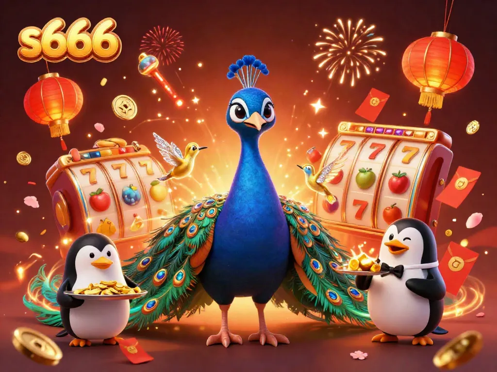 Experience the excitement of s666 with dynamic slot reels, a glorious peacock, and festive golden elements.