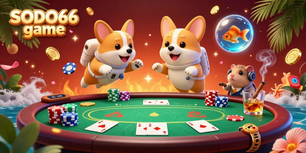 Engaging 3D scene showcasing SODO66 game with a floating corgi in space, surrounded by poker elements.