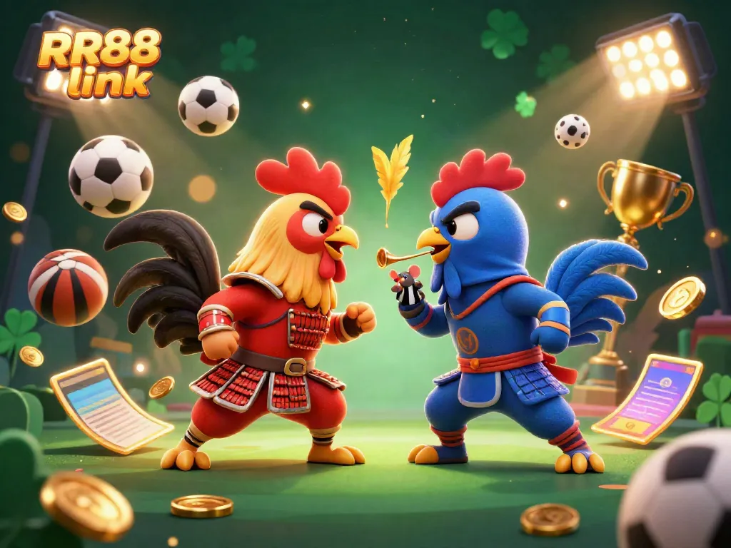 Engage with the exciting RR88 link through a cartoon battle between dynamic roosters in a vibrant casino atmosphere.
