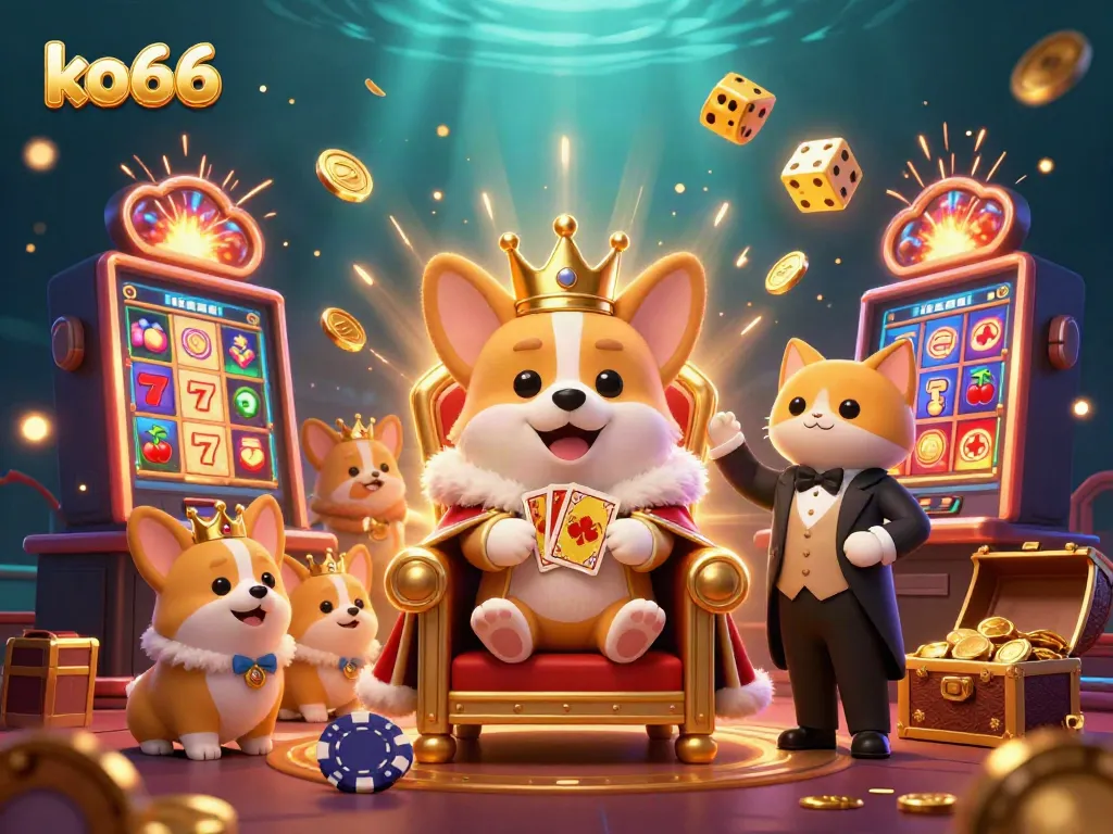 Experience the excitement of ko66 with a royal corgi on a throne of poker chips, surrounded by jackpot fun.