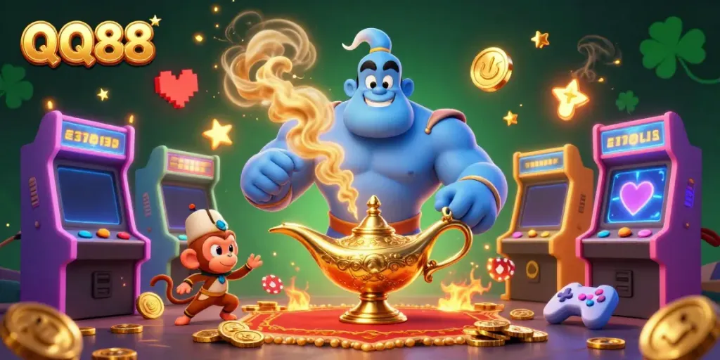 Experience the excitement of QQ88 with a vibrant 3D illustration of gaming characters amidst dynamic casino scenes.