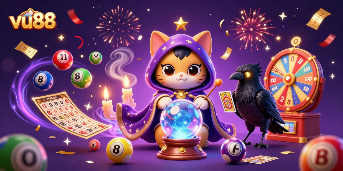 Engage with vu88's vibrant gambling scene featuring mystical characters and lottery excitement.