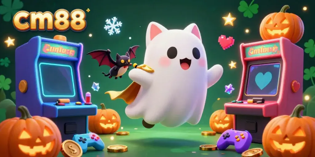 Engage with exciting game options at CM88 online casino, featuring a ghost cat and bat in a vibrant atmosphere.