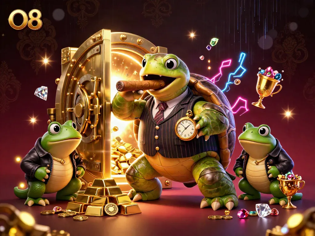 Experience the excitement of O8 casino with a snapping turtle in a mobster suit and bullfrog enforcers amidst treasures.