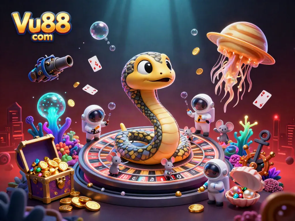 Experience the thrill of Vu88 com with astronaut mice betting on a celestial roulette wheel in a cosmic casino scene.