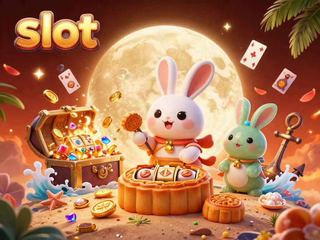 Engage with slot-themed action featuring a cartoony moon rabbit revealing slot machine reels surrounded by vibrant casino elements