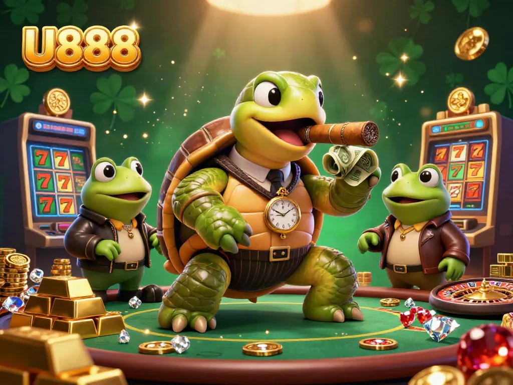 Spin winning slots and engage with U888 in an exciting casino scene featuring rich colorful elements.