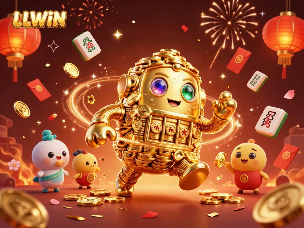 Experience thrilling gameplay with LLWIN's golden golem surrounded by festive casino elements.