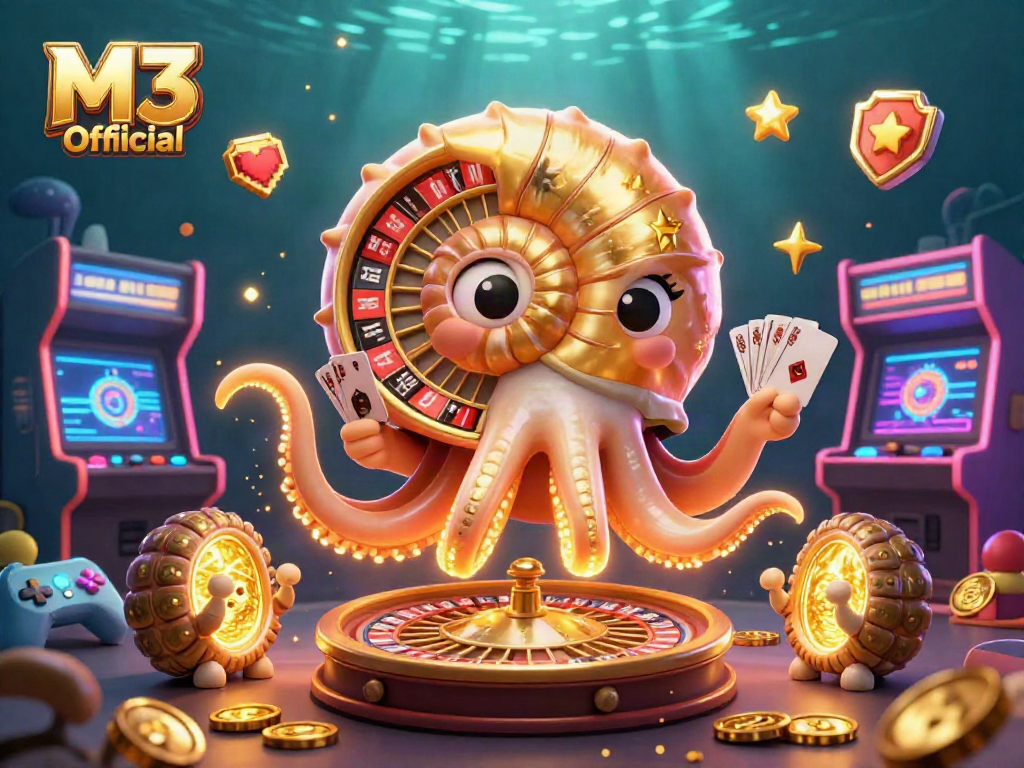 M3 Official showcases an energetic scene with a giant nautilus roulette wheel and vibrant gaming elements.