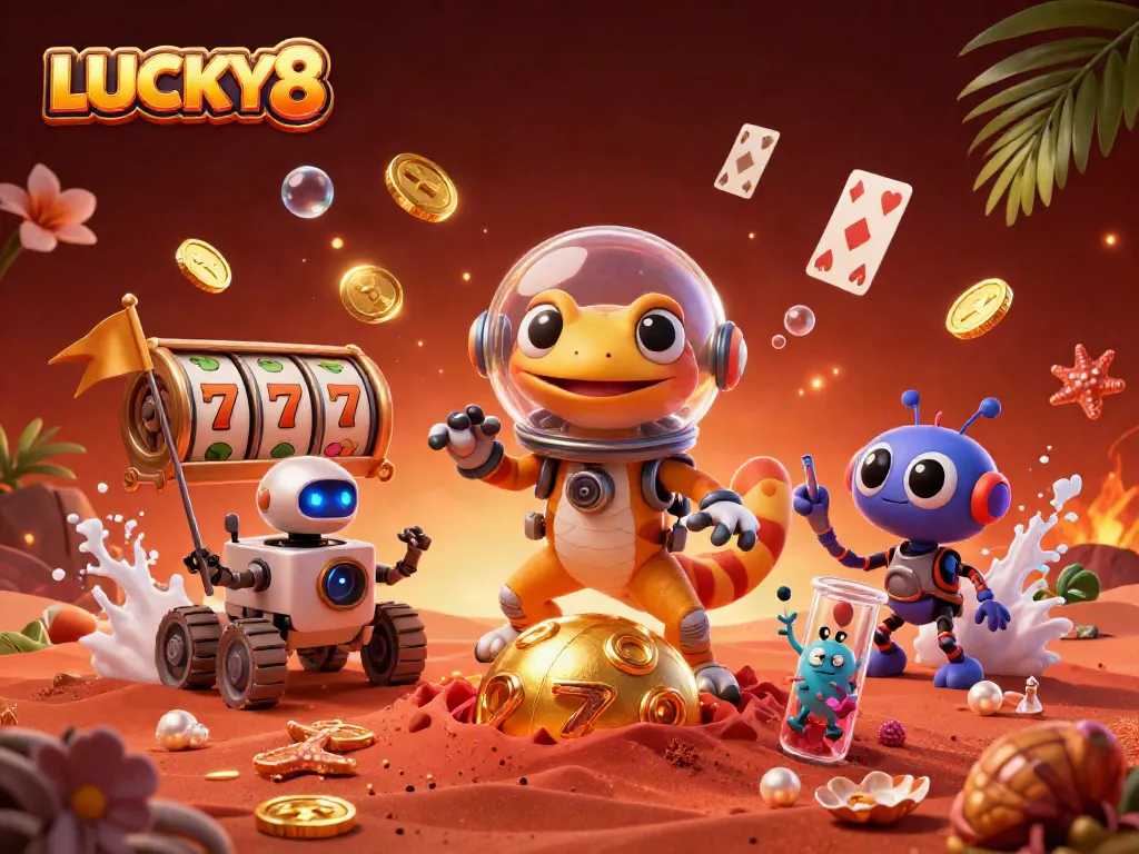 LUCKY8 brings excitement to online gaming with vibrant illustrations of slot machines and a Martian gecko.