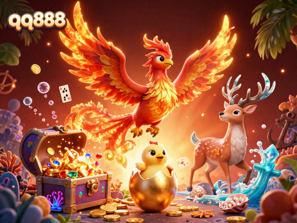 Engage in the thrilling gaming experience with qq888, featuring a vibrant phoenix scene filled with treasures and dynamic elements.