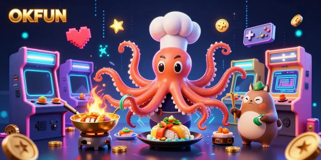 Engage with OKFUN's dynamic casino atmosphere featuring unique characters and vibrant gaming elements.