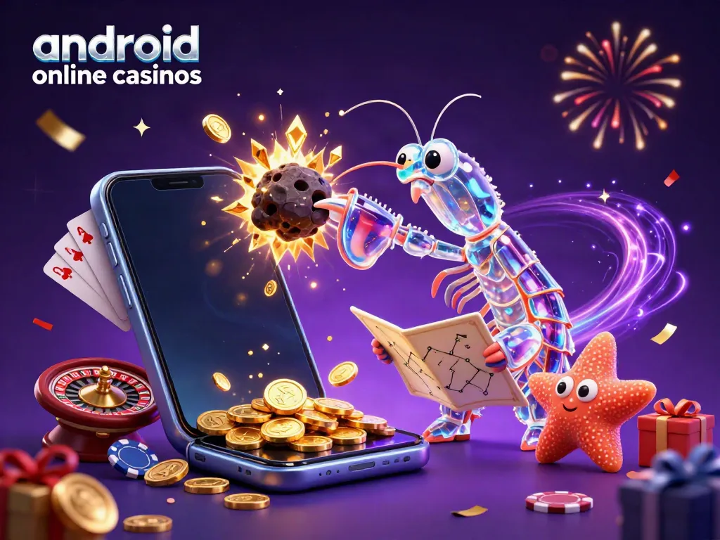 Discover dynamic android online casinos with a captivating scene of galactic characters bursting through an asteroid and gaming elements.